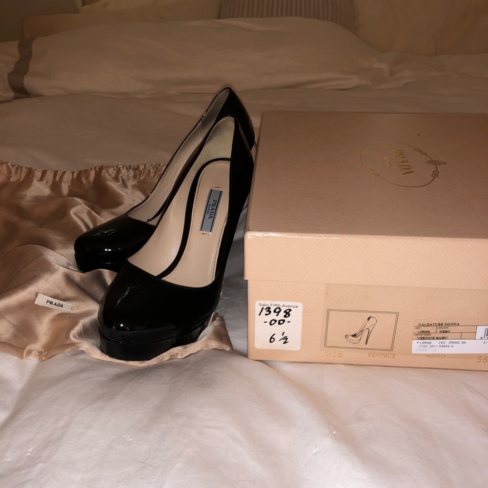 PRADA patent leather platform heels (w/box + bag)